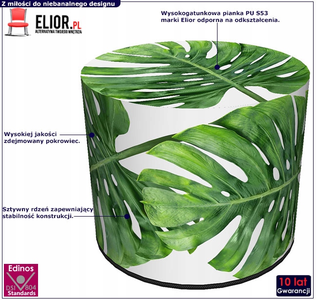 OKRĄGŁA PUFA DO SALONU Z MOTYWEM ROŚLINNYM ZIELONA Kod producenta S8