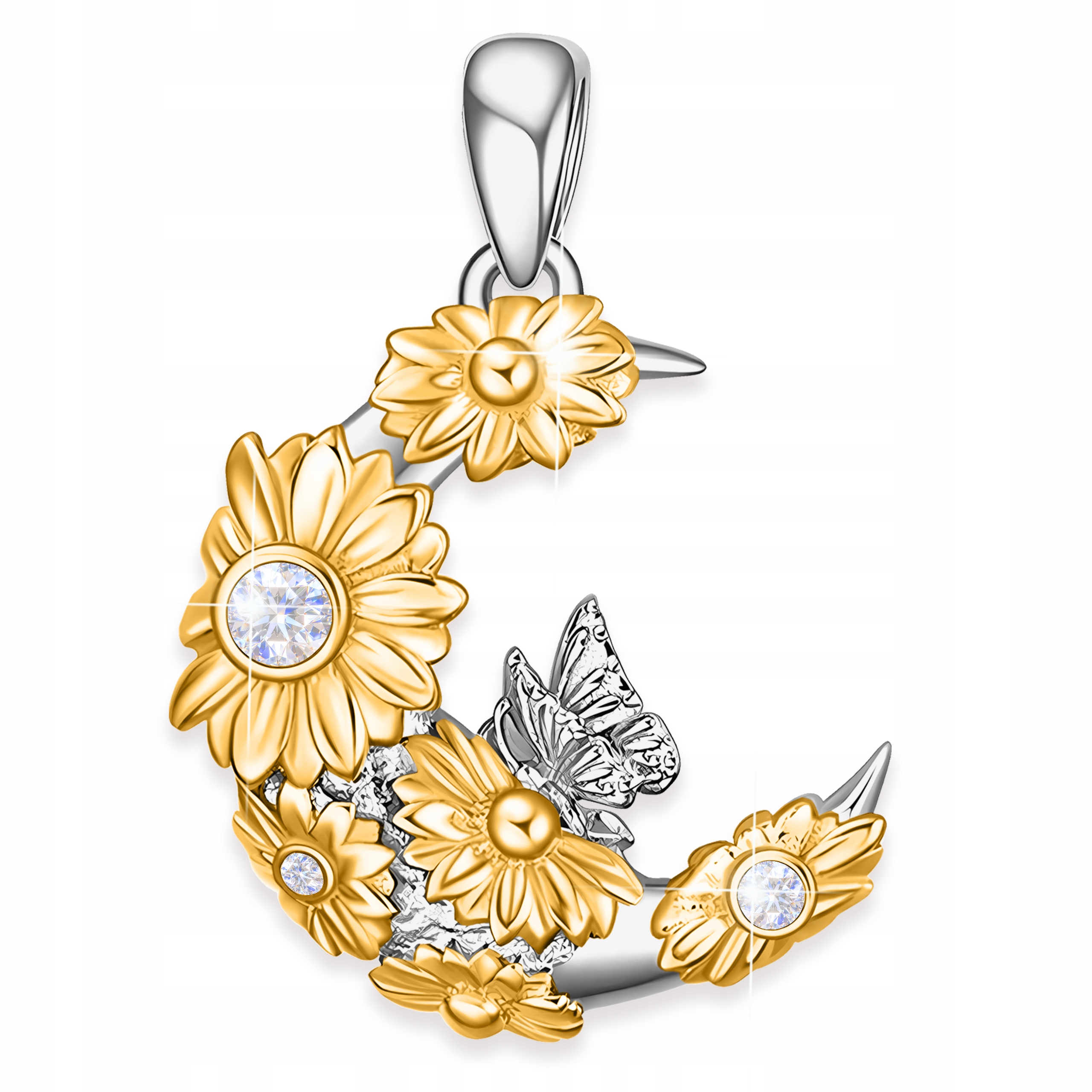 Stříbrný přívěsek na řetízek Půlměsíc se zlatými květy Stříbro 925