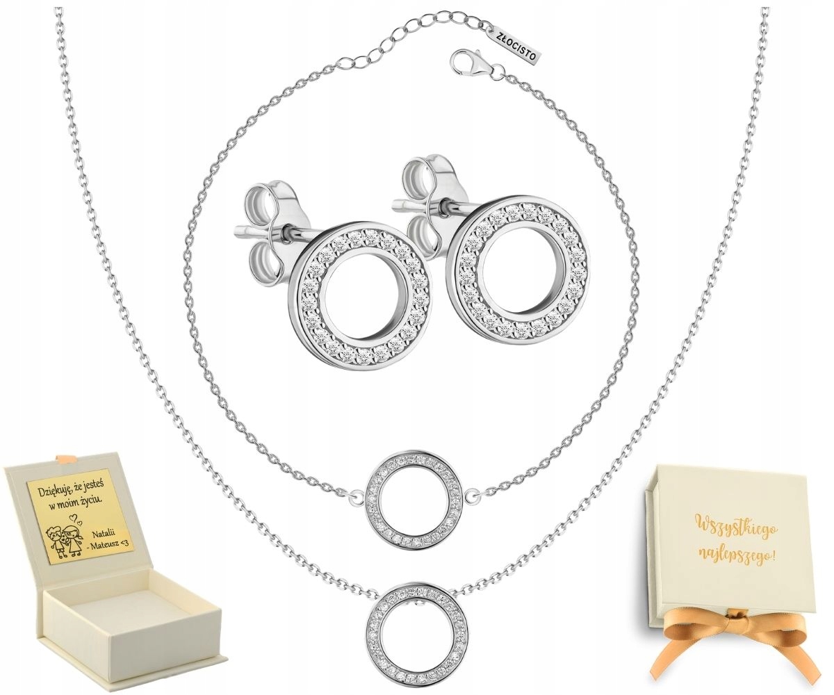 Stříbro Komplet Náhrdelník Náušnice Náramek Kolečko Zirkony Dárek