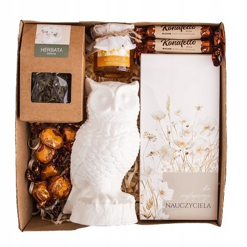 dla Nauczyciela z ceramiczną sową, herbatą i słodyczami