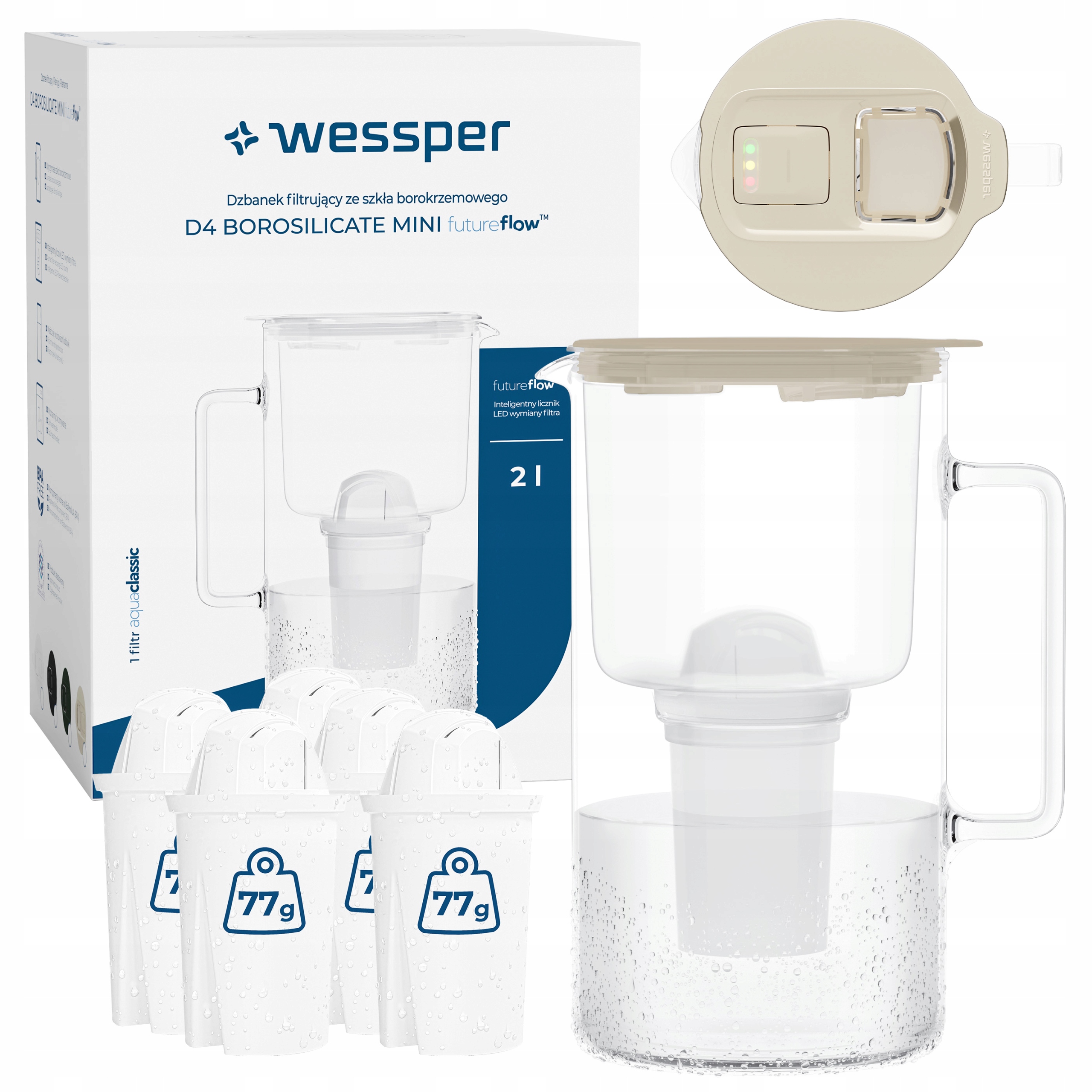 Dzbanek filtrujący szklany Wessper D4 Borosilicate Mini licznik 6x filtr
