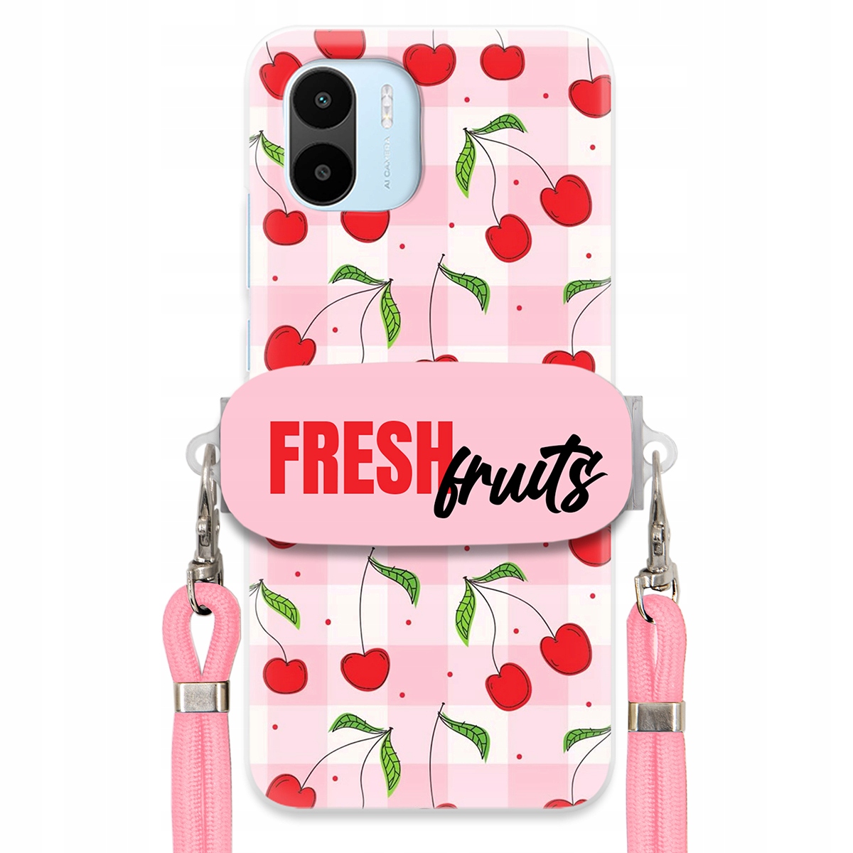 Puzdro pre Xiaomi Redmi A1 Case Držiak na šnúrku Ružový Fresh Fruits Mriežka