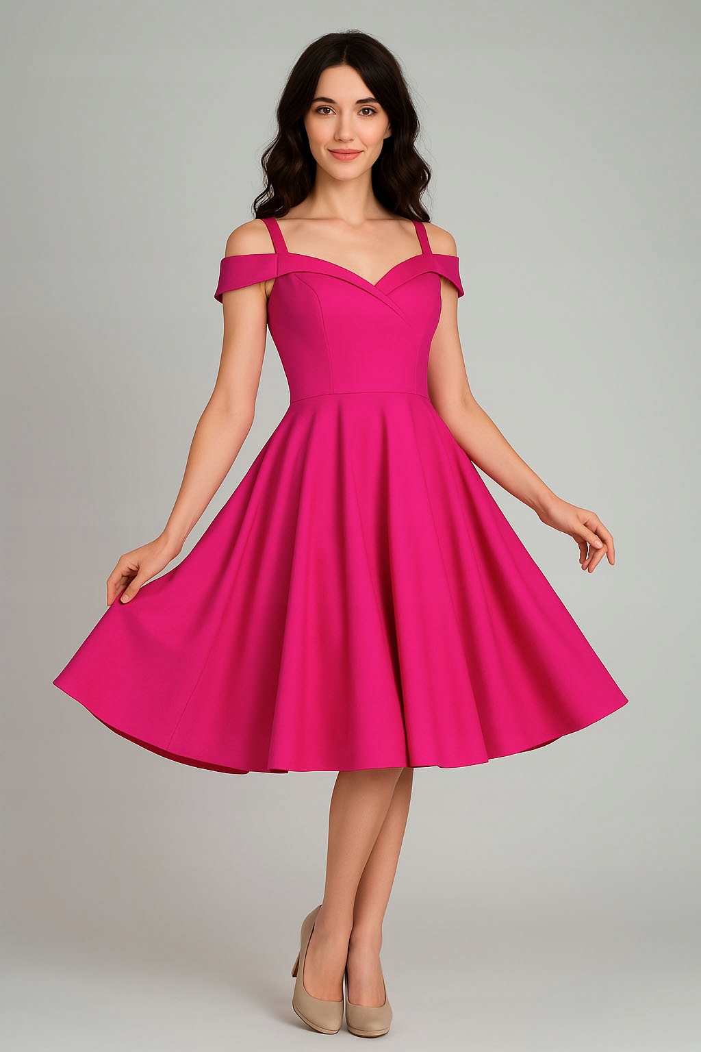 Šaty španělská pin up Fuksja růžová magenta s rozevřeným kruhem midi