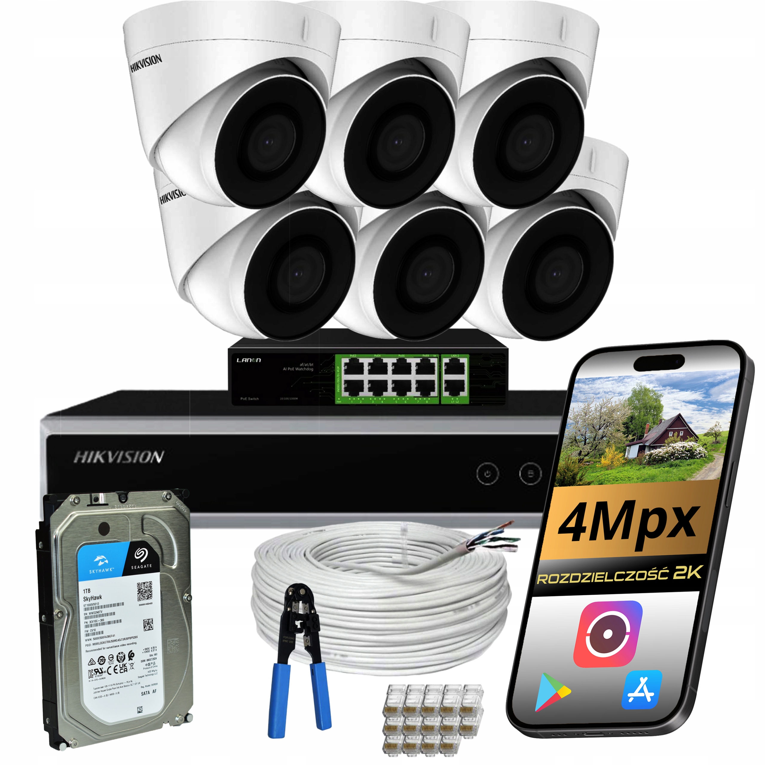 Zestaw Do Monitoringu Domu 6 Kamery Zewnętrzne Ip Poe 4Mpx Hikvision 1TB