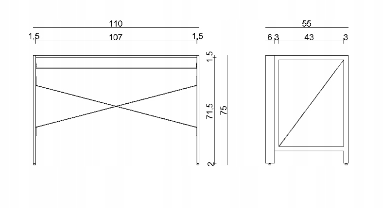 Biurko Quick czarny/walnut składane, loft Głębokość mebla 55 cm
