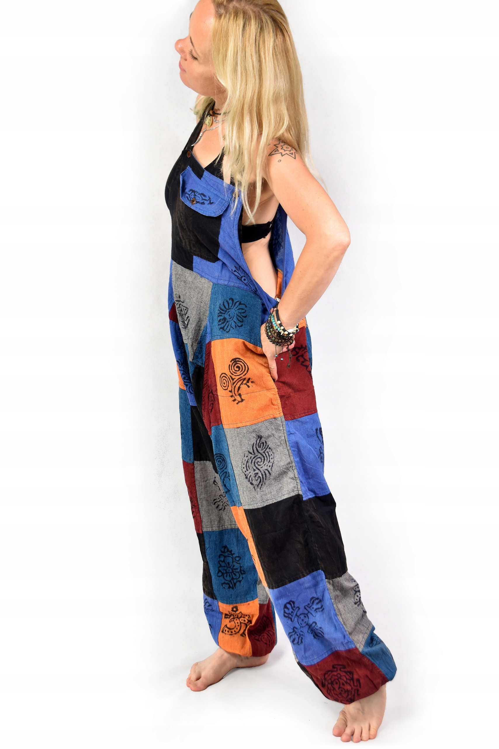 SPODNIE Ogrodniczki kolor NEPAL patchwork SZEROKIE Stan (wysokość w pasie) wysoki