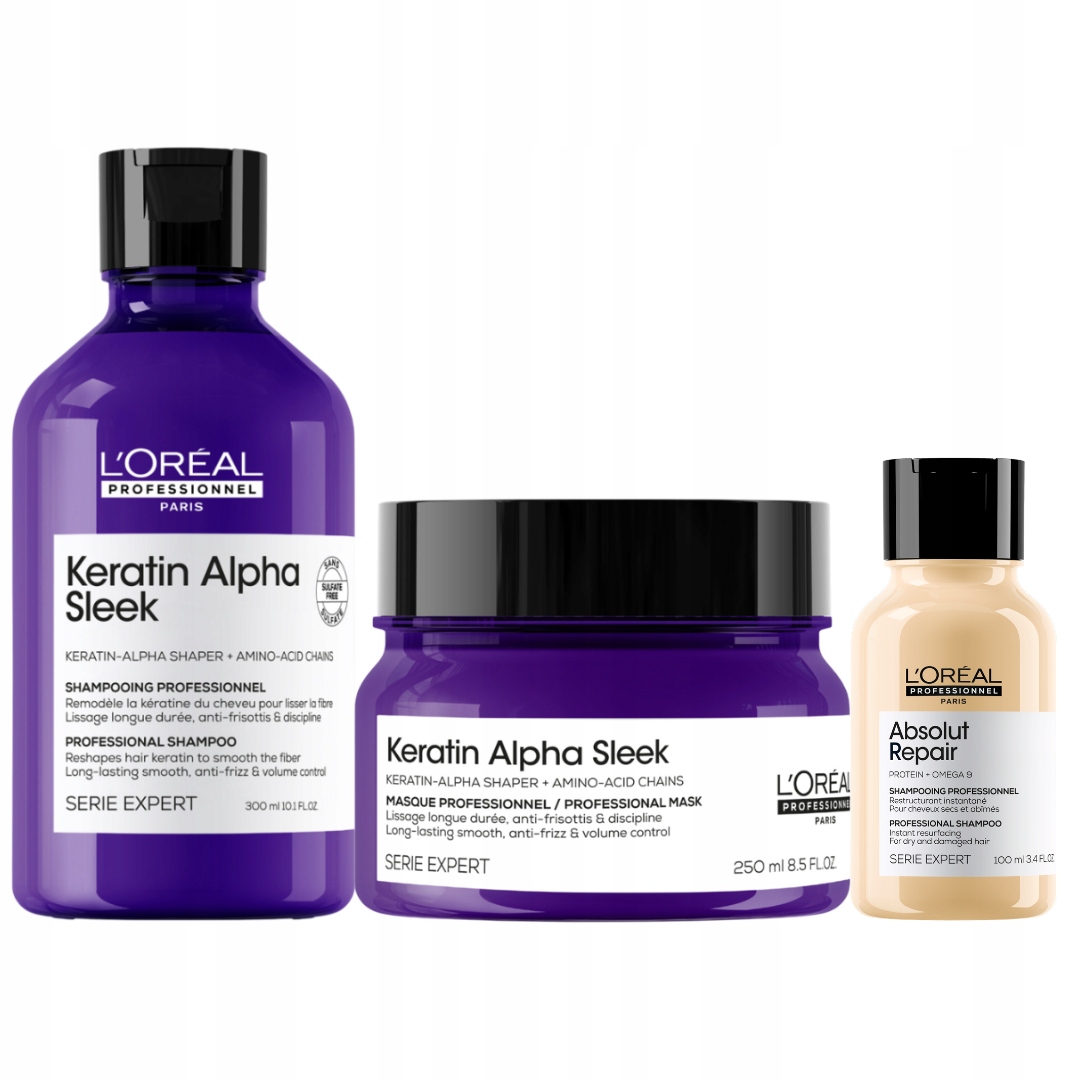 Loreal Keratin Alpha Sleek wygładzający szampon, maska do włosów puszących