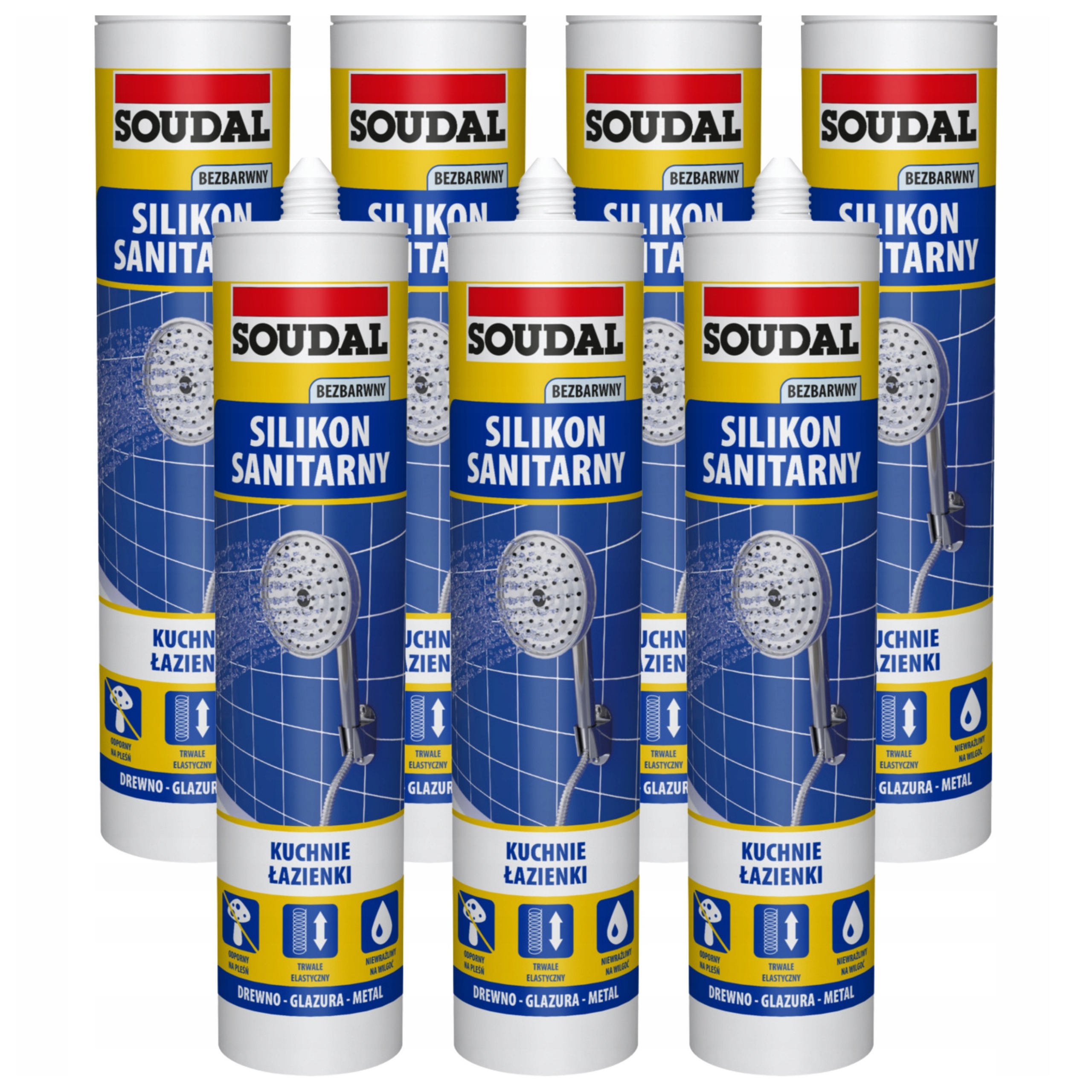 Sanitární silikon bezbarvý Soudal odolný proti vlhkosti univerzální 280 ml x 7