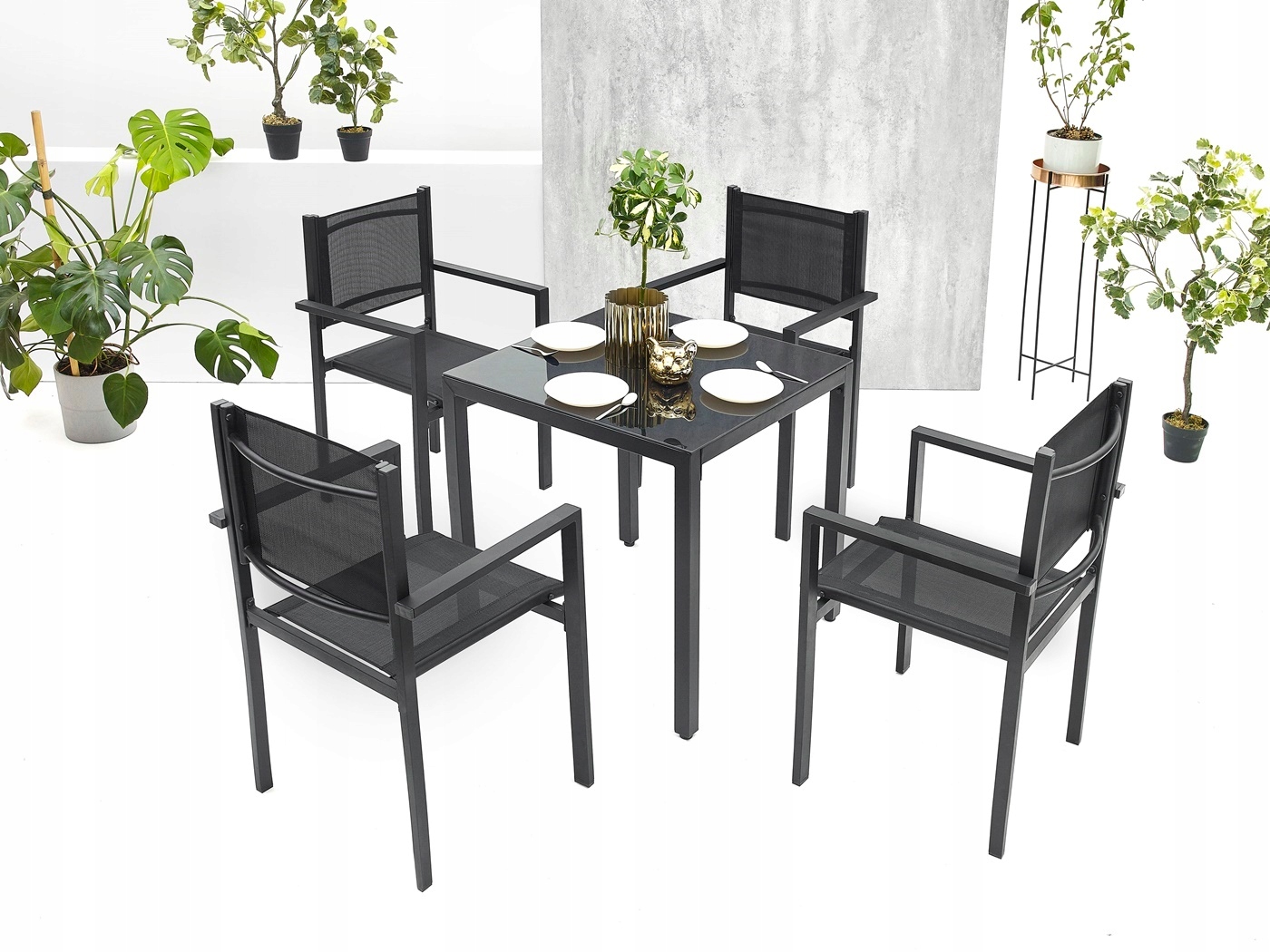 ZESTAW OGRODOWY SZKLANY STÓŁ 4K MEBLE OGRODOWE