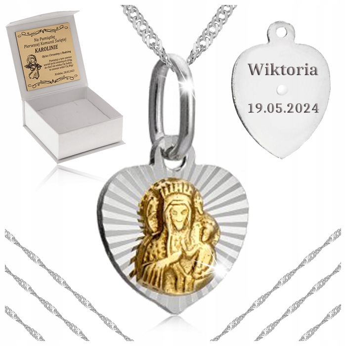 SREBRNY ŁAŃCUSZEK + MEDALIK MATKA BOSKA 925 PREZENT KOMUNIA CHRZEST GRAWER
