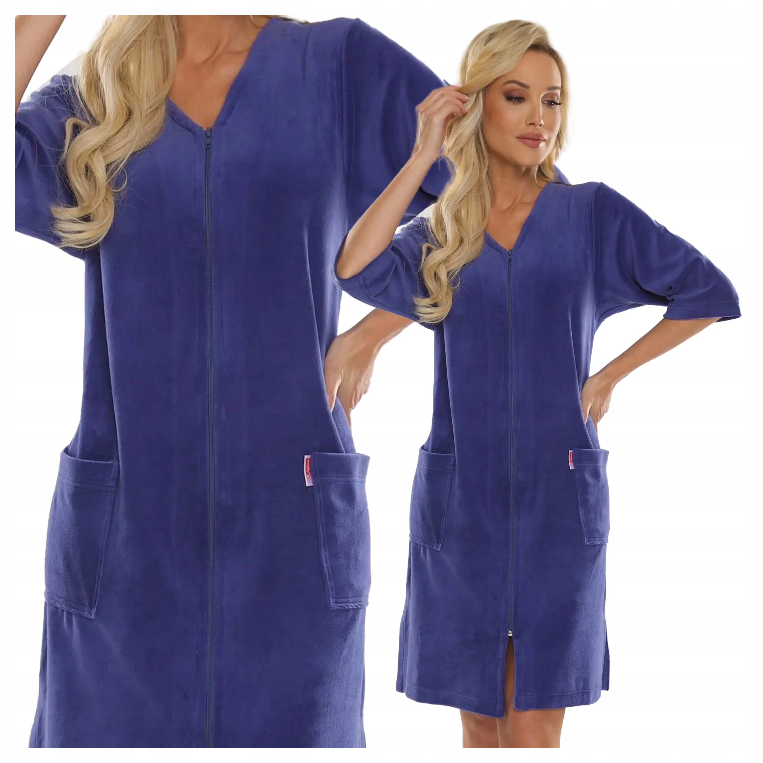 Pohodlný župan na zip s 3/4 kapsami, Velurový rukáv, džínový, XXL