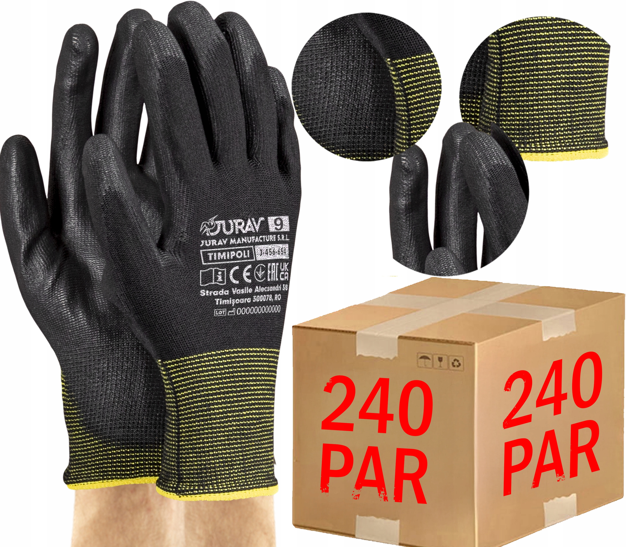 240 párů pracovních rukavic se stahovací šňůrkou polyuretanové pro práci silné 9-L BB9