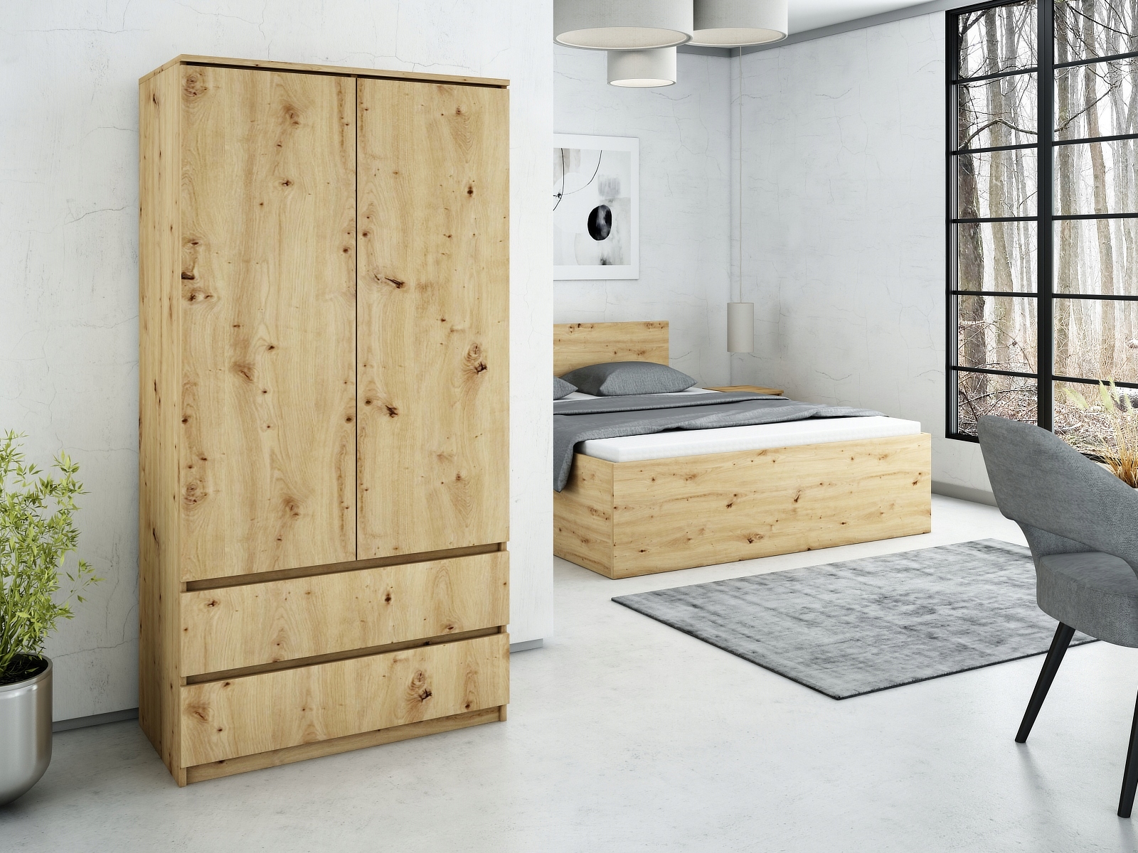 SZAFA 2 DRZWI 2 SZUFLADY 90 CM DO SYPIALNI, GARDEROBY CZARNA Wysokość mebla 180 cm