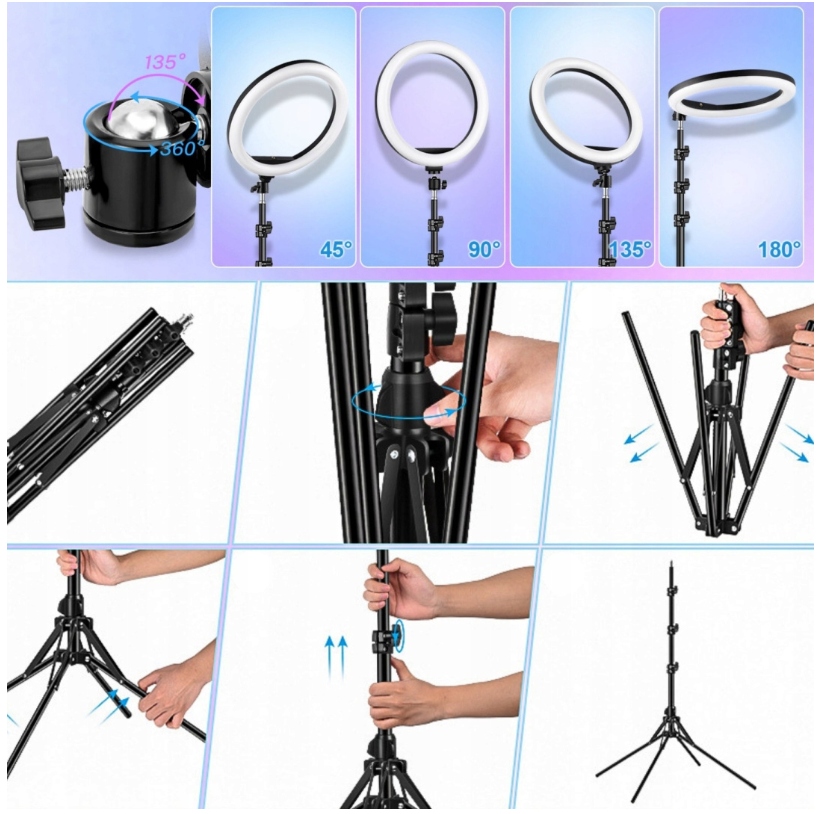 LAMPA PIERŚCIENIOWA RGB LED 80W RING 26cm ZE STATYWEM 220cm SELFIE MAKIJAŻ Stan opakowania oryginalne