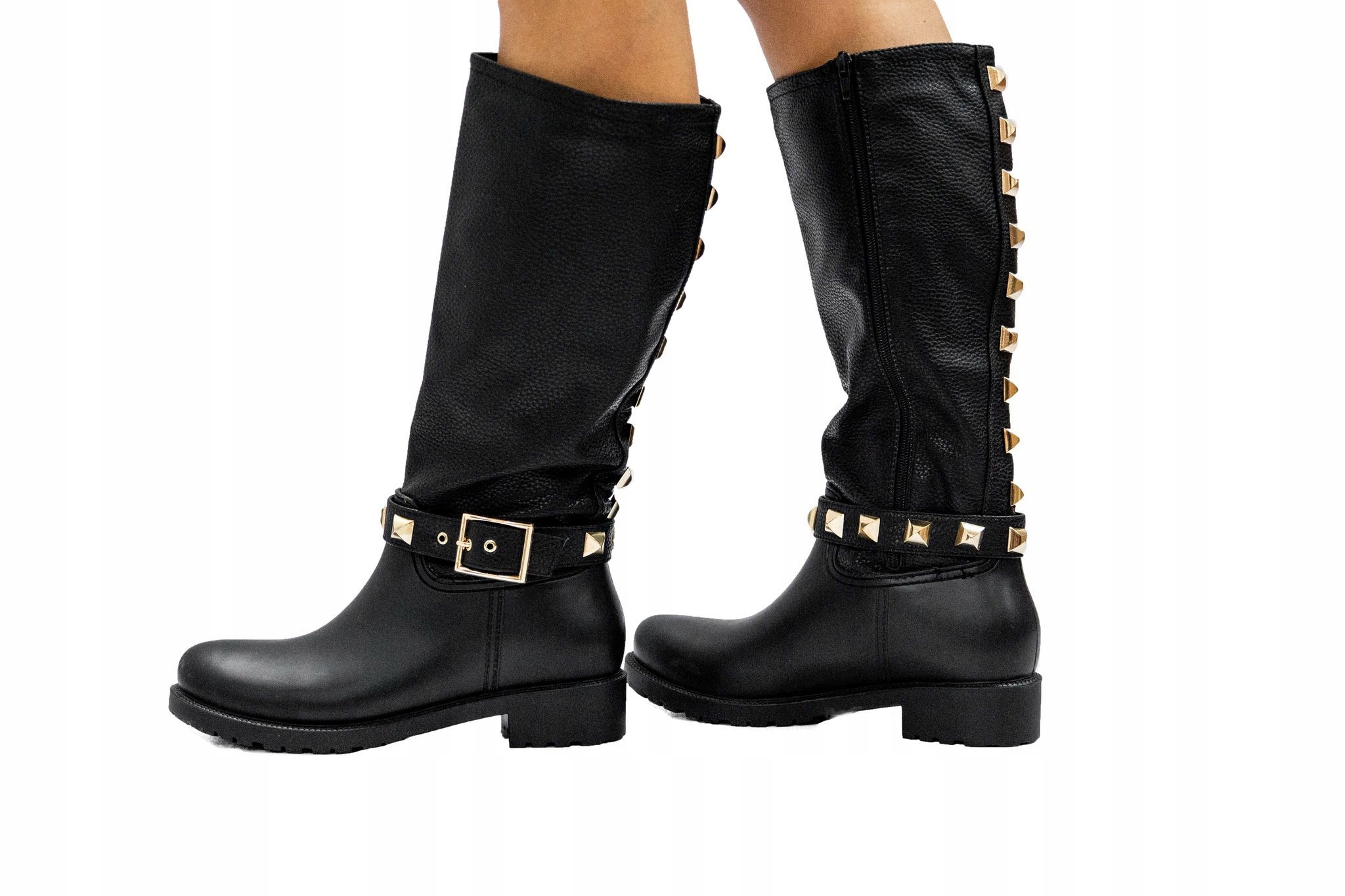 Długie kalosze gumaki gumowce ze złotymi ćwiekami