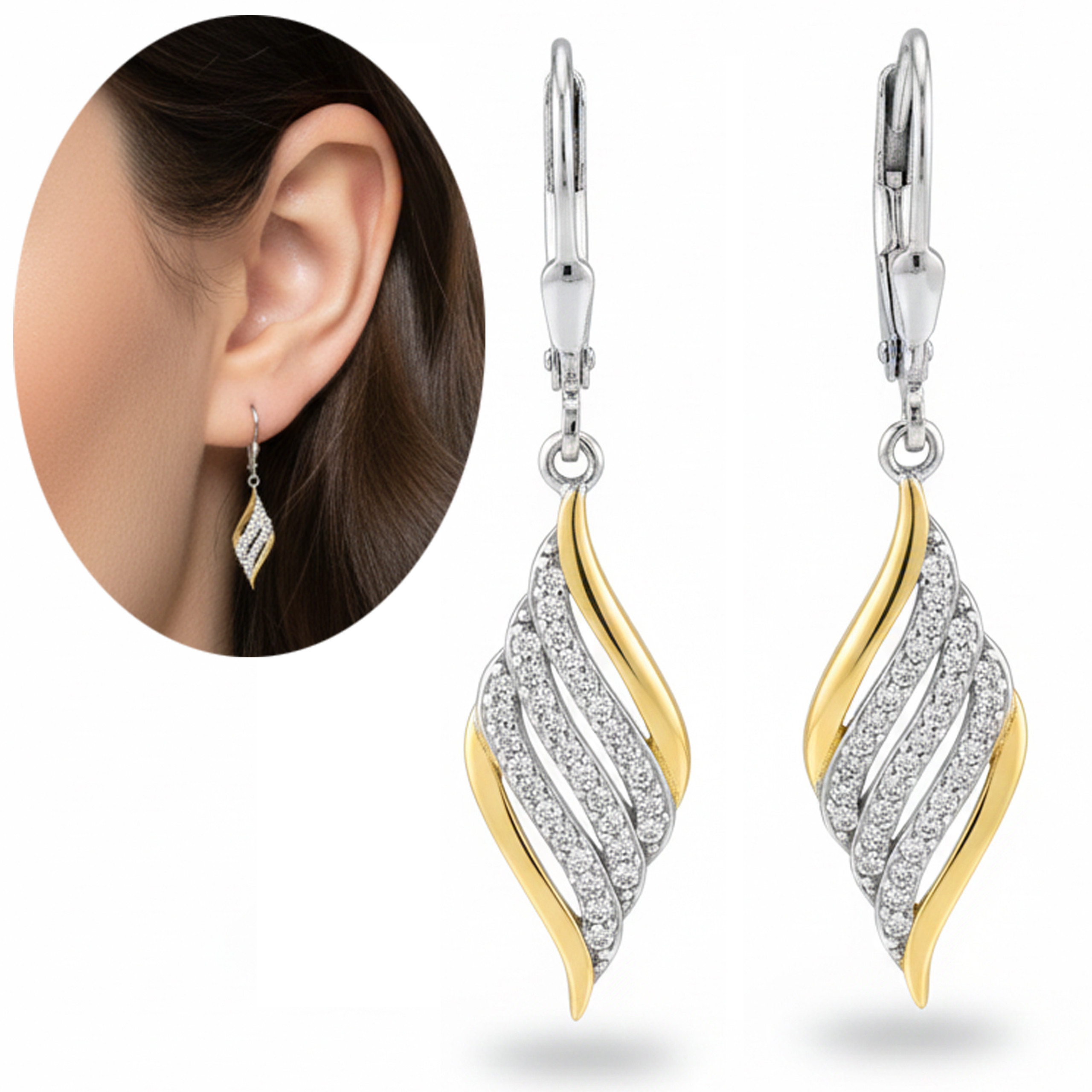 Kolczyki damskie wiszące z cyrkoniami pozłacane angielskie 925