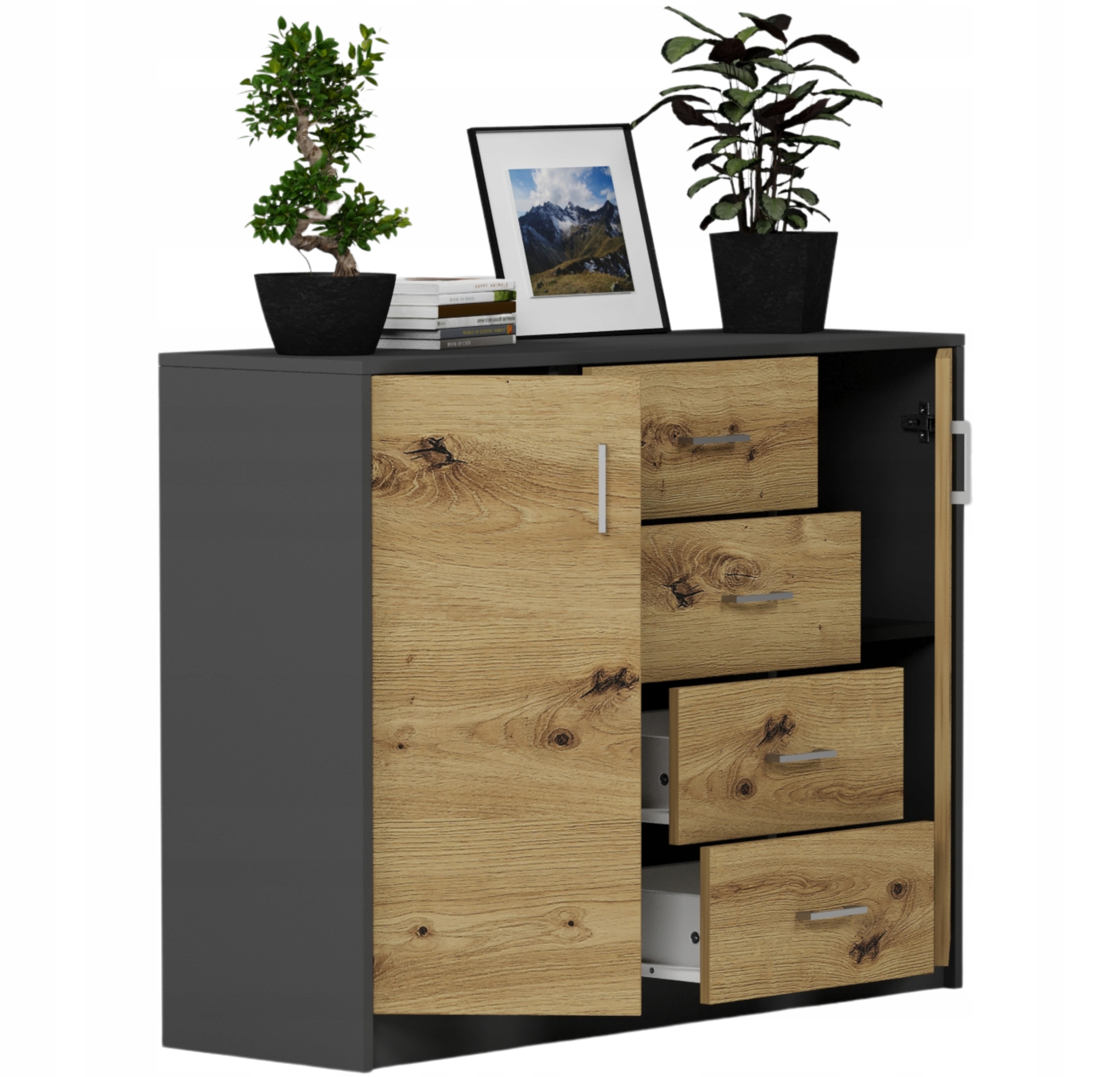 KOMODA 110CM SZAFKA 4 SZUFLADY 2 PÓŁKI U-1 ANTRACYT MIX ARTISAN