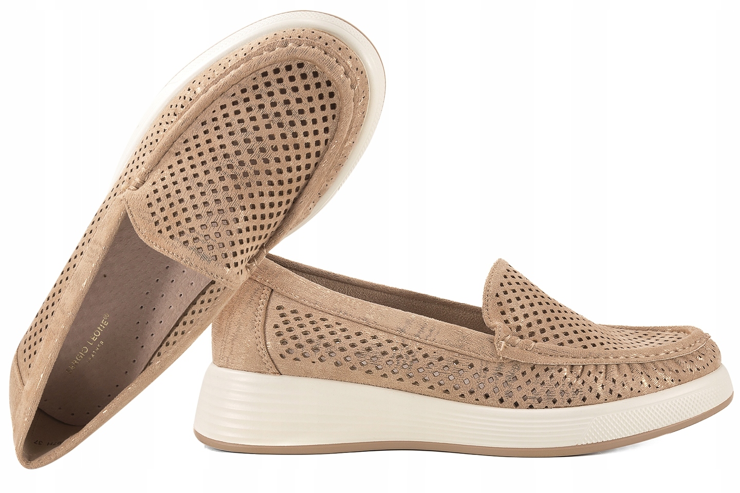 Sergio Leone MK097H Ażurowe Mokasyny Damskie Na Platformie Półbuty 37 Złoty