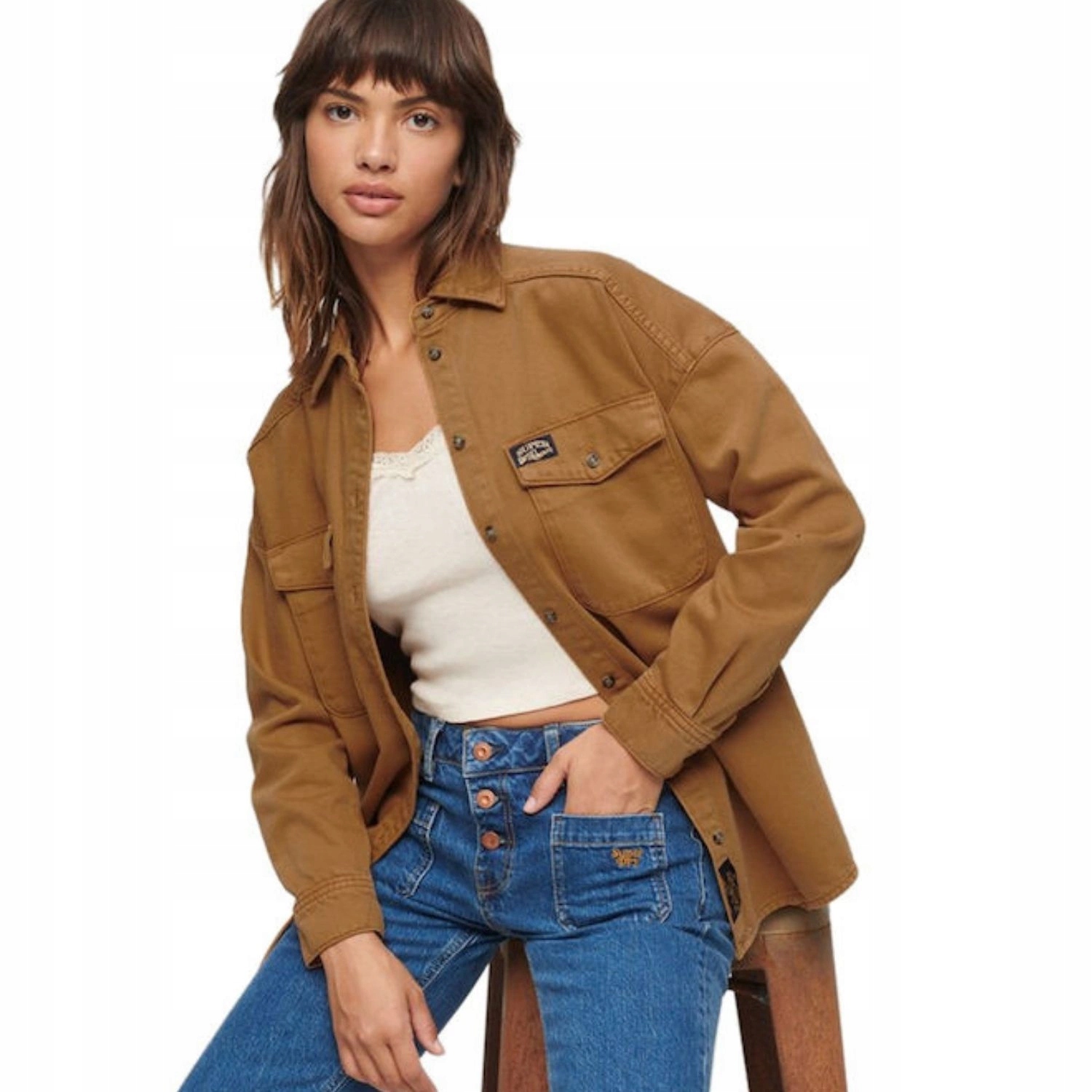 Dámská džínová katana bunda Superdry s volnou košilovou bavlnou, velikost vel.