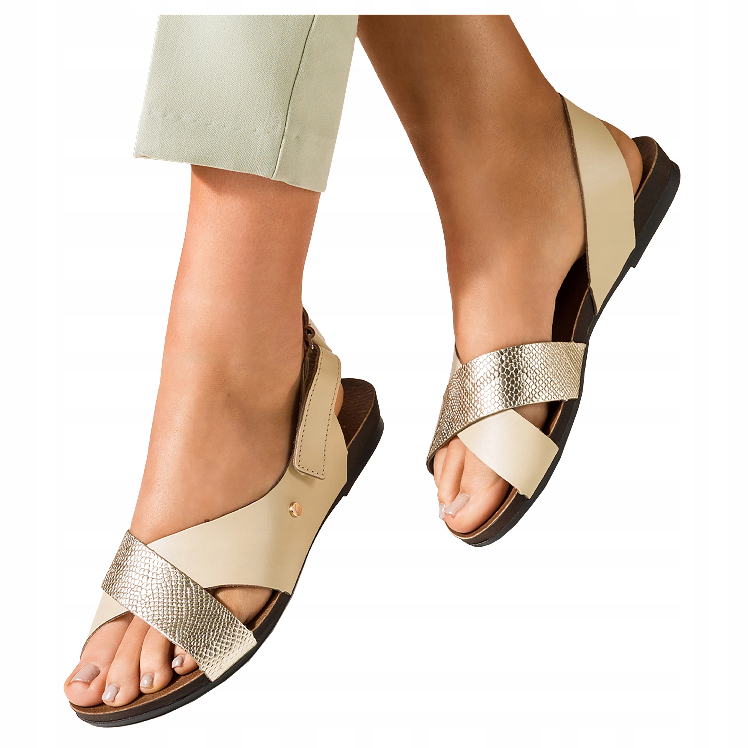 Kožené Dámské sandály Béžové Pásky Na Kříž Na Suchý Zip Produkt Polský vel. 38
