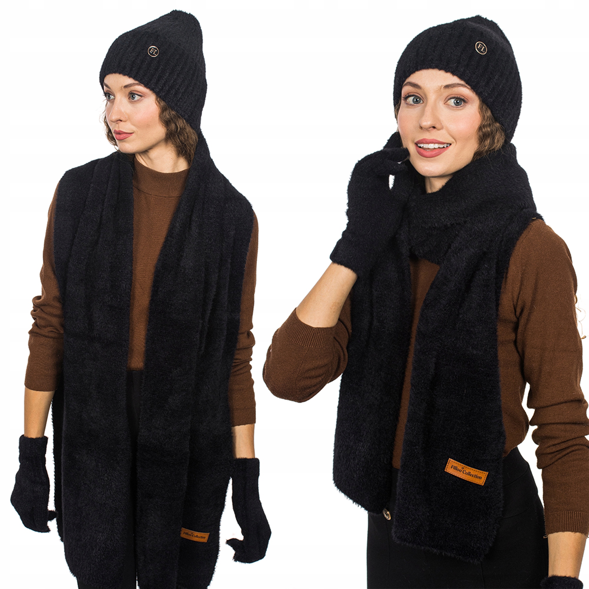 Černý komplet Čepice Šála Rukavice 3v1 Zimní Teplá Alpaka