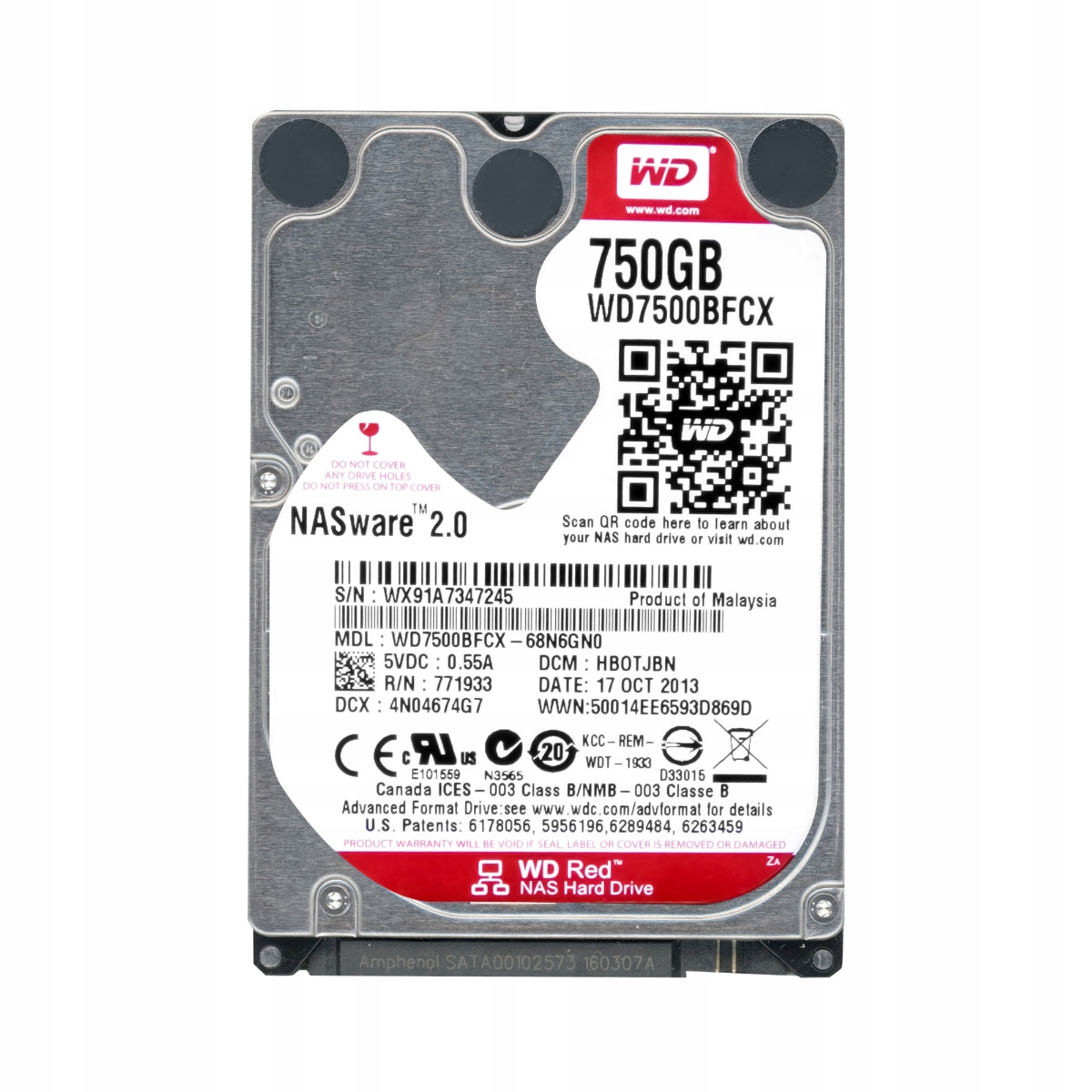 Wd Red 750GB 5,4K 16MB Sata III 2,5'' WD7500BFCX NASware 2.0