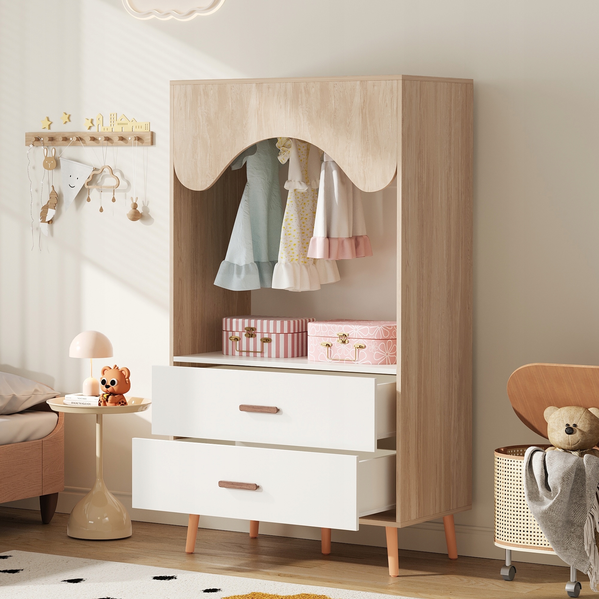 Skříň s tyčí na oblečení Zásuvky 80x46x141,5 cm bílá přírodní dřevo