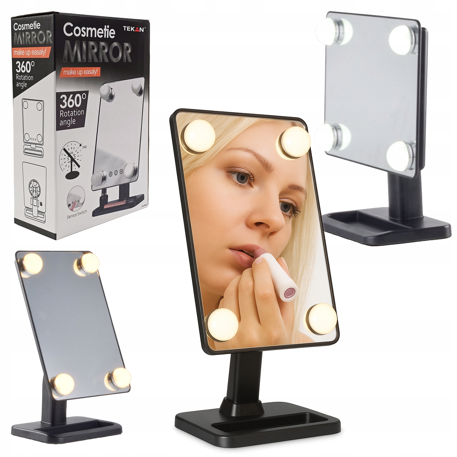 LUSTERKO KOSMETYCZNE PODŚWIETLANE 4x KULE LED DO MAKIJAŻU BATERIE LUB USB