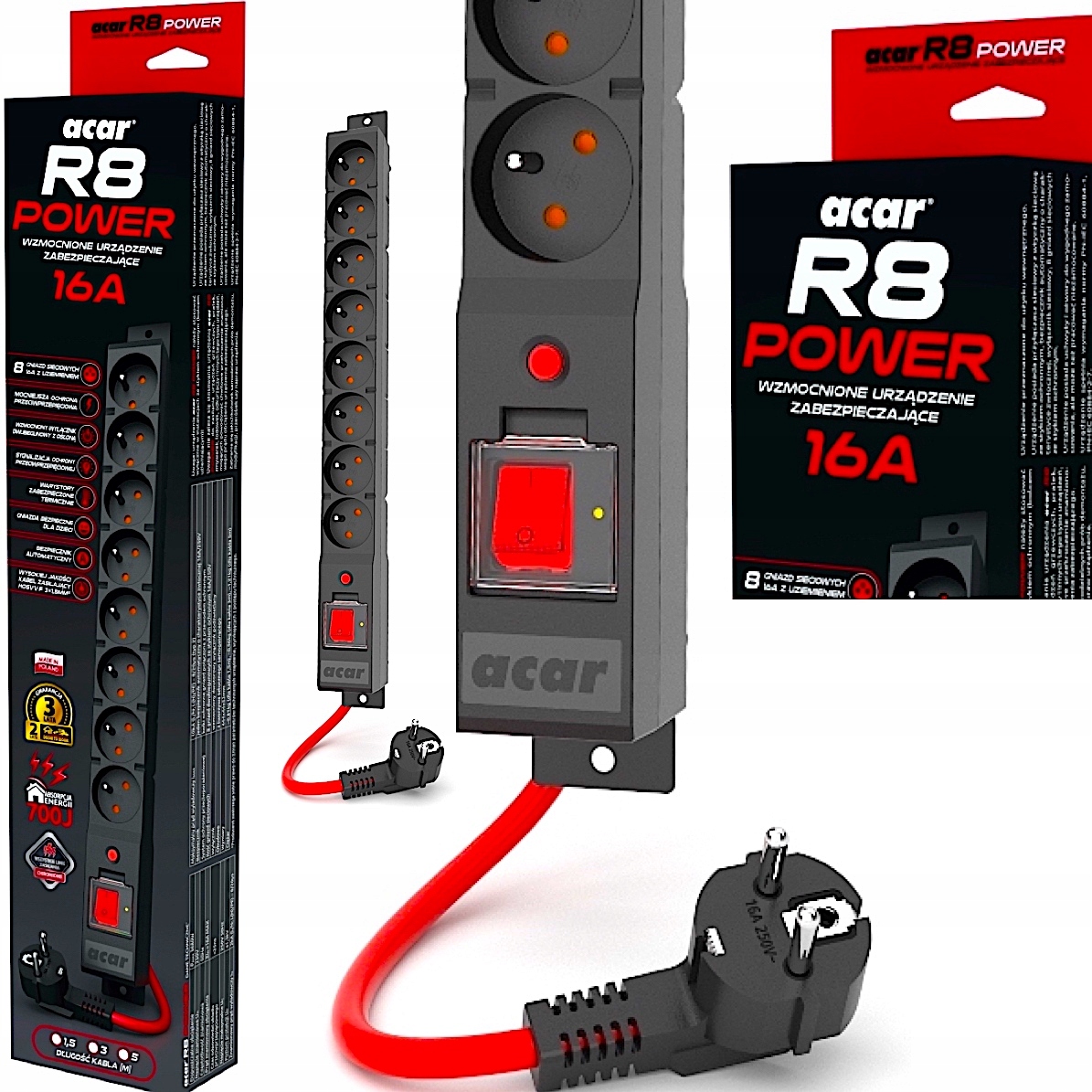 Wzmocniona Listwa Zasilająca Acar R8 Power 16A 3680W Przeciwprzepięciowa 3m