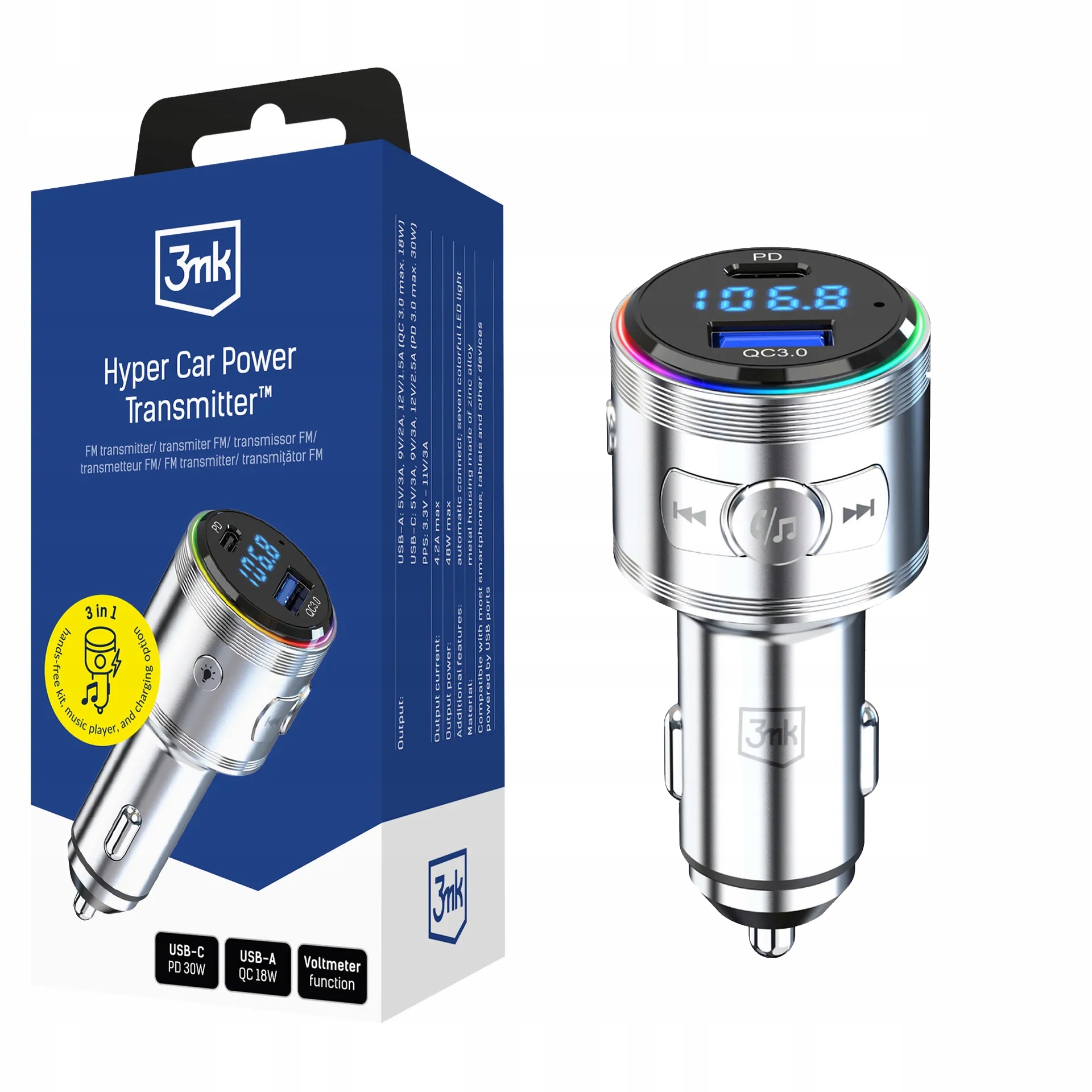 Nabíječka s vysílačem 3MK Hyper Car Power Transmitter 48W Usb-c/usb-a
