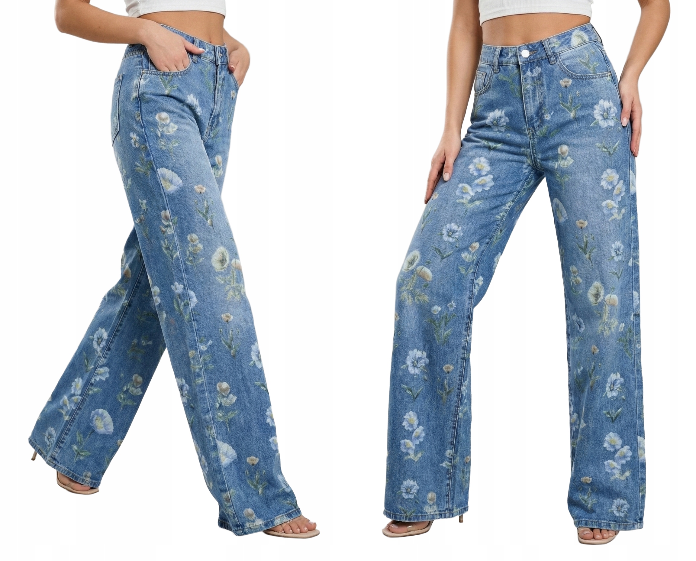 Dámské Kalhoty Džíny Zvony Široké Wide Leg Květy Premium Modré S