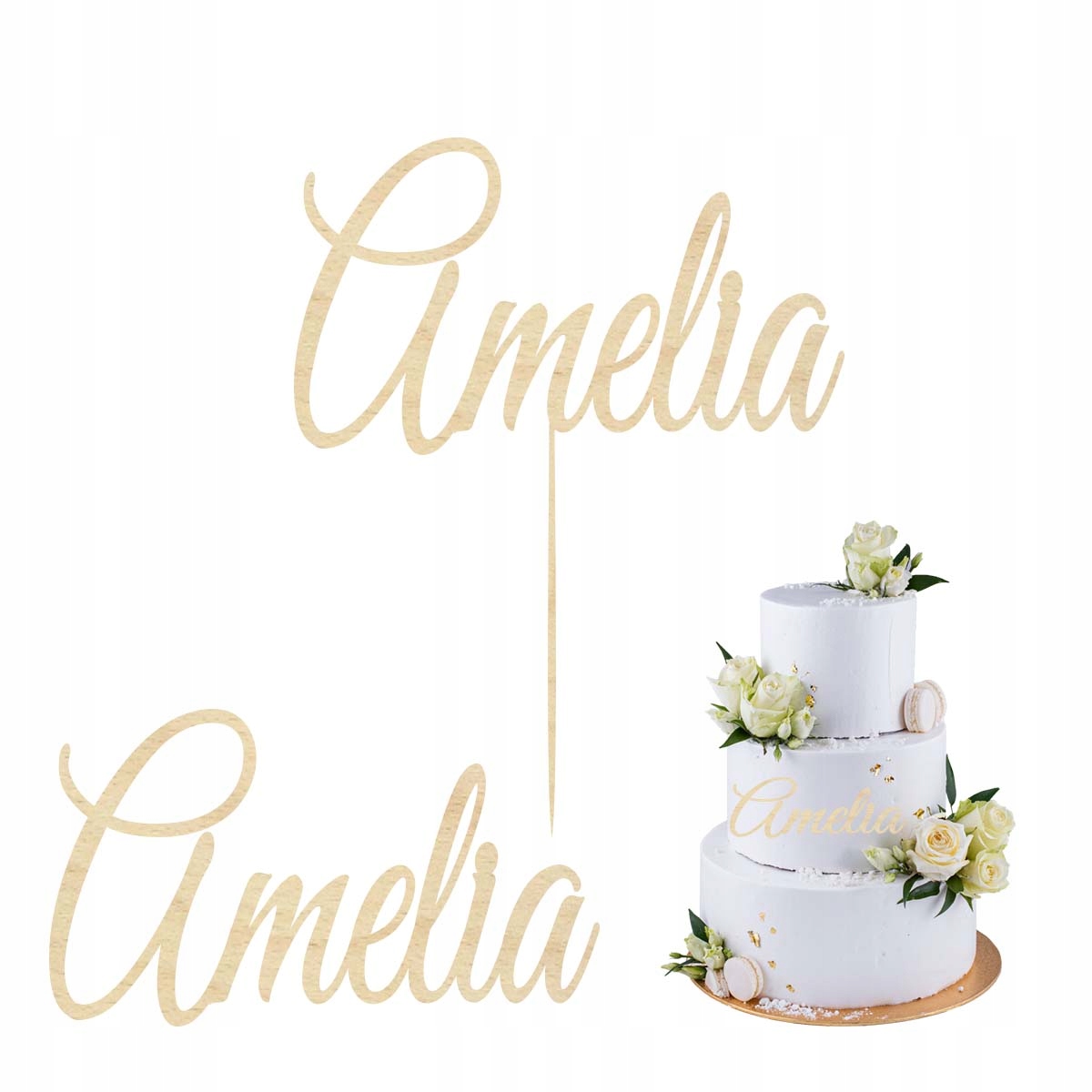 Topper na bok tortu imię napis drewno, dekoracja na Komunię Świętą