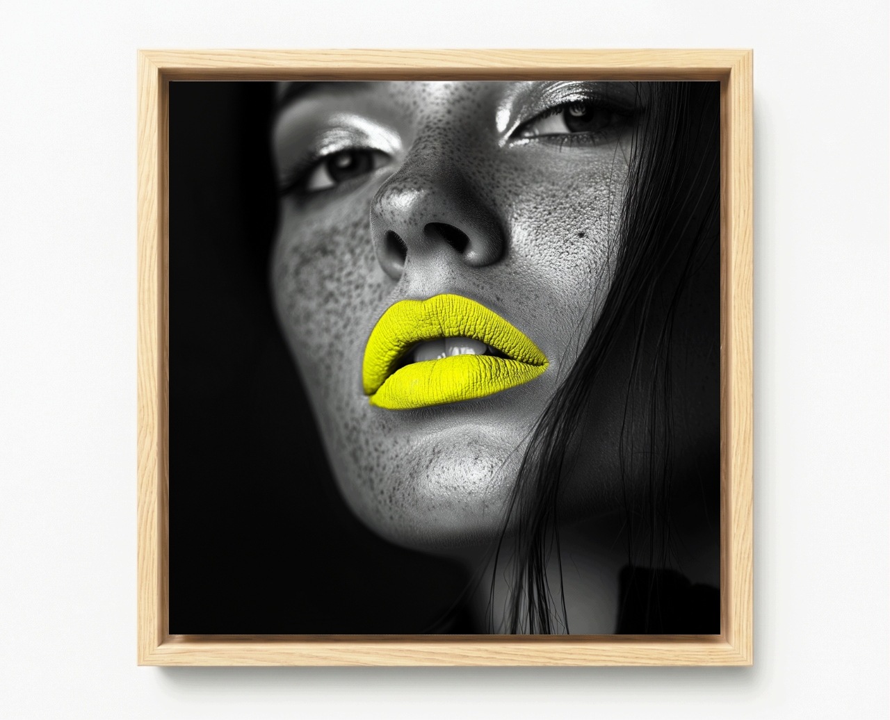 Obraz Rám Americký Box Portrét Žena Tvář Makro Foto Neon Žlutý 50x50