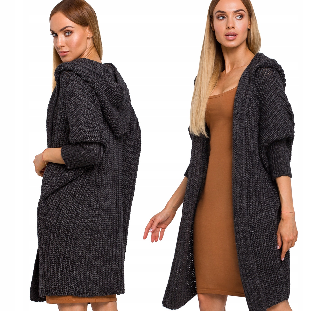 KOBIECY SWETER KARDIGAN SWETEREK Z KAPTUREM UNISIZE DŁUGI GRAFITOWY UNI