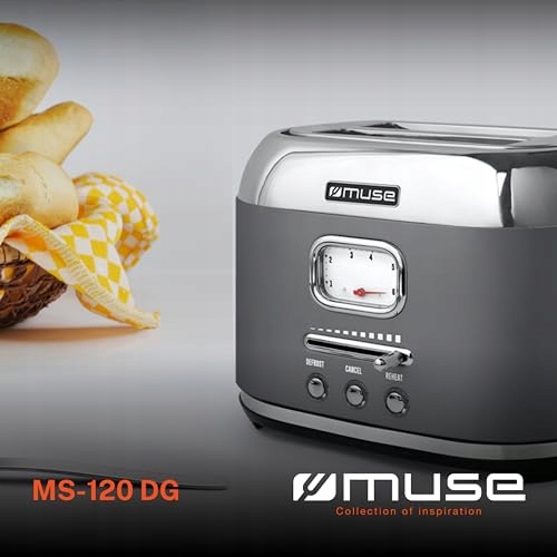 MUSE Retro Toster Stalowy Szary 2 Kromki 6 Stopni Opiekania Kratka — miniatura 2