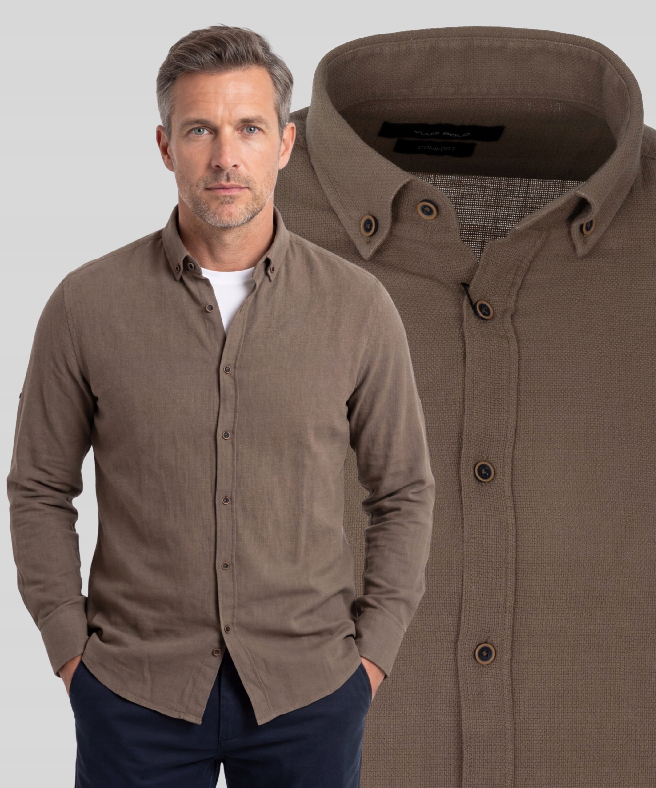 Koszula Męska Kołnierzyk Jak Lniana Viadi Ciemno-beżowa Comfort Slim XXL