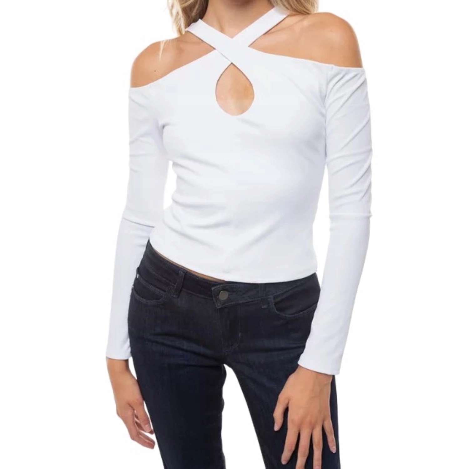 Dámská halenka Guess s dlouhým rukávem, bílá, žebrovaná, odhalená ramena, vel.