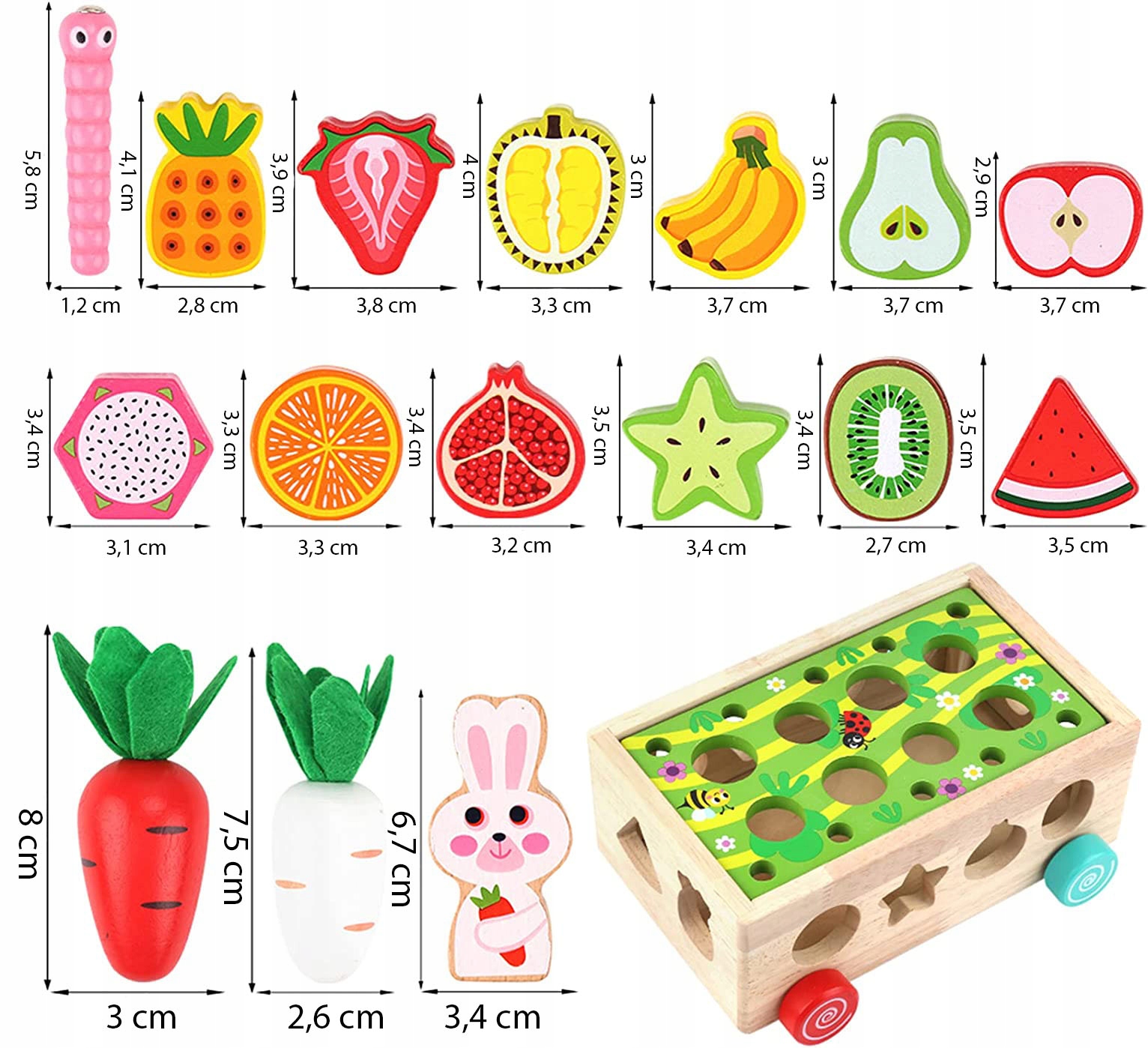 Układanka Montessori Sorter Klocków Złap Robaczka Drewniany Wózek Marchewki Szerokość produktu 16.2 cm