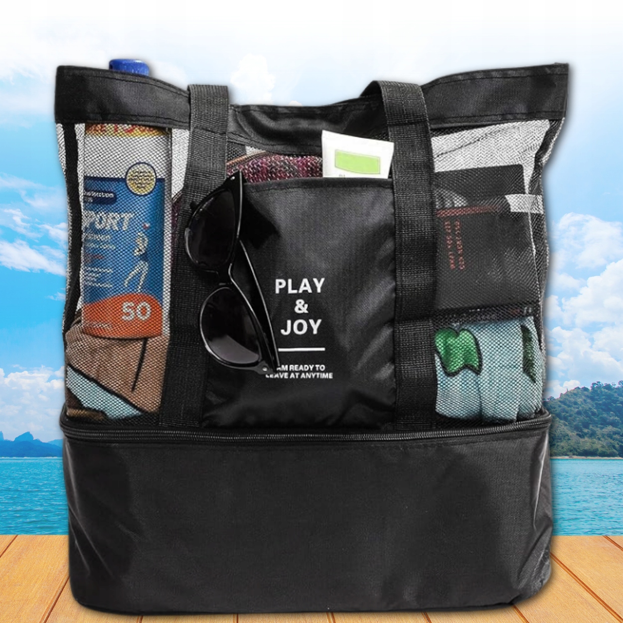 Plażowa torba termiczna na ramię LUNCH BOX podwójna czarna piknikowa Rodzaj torba termiczna