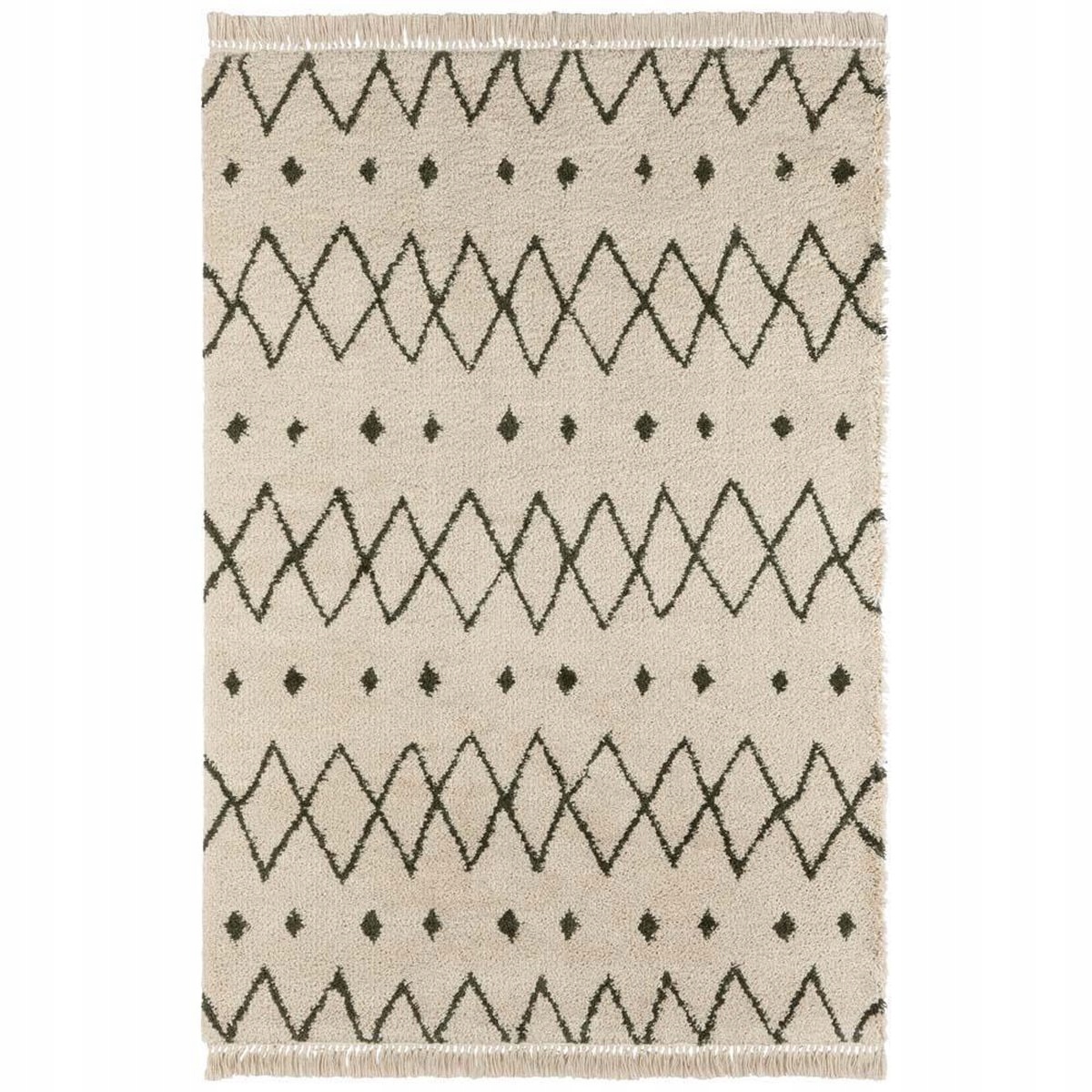Koberec shaggy 200x290 cm do obývacího pokoje, silný zeleno krémový boho vzor