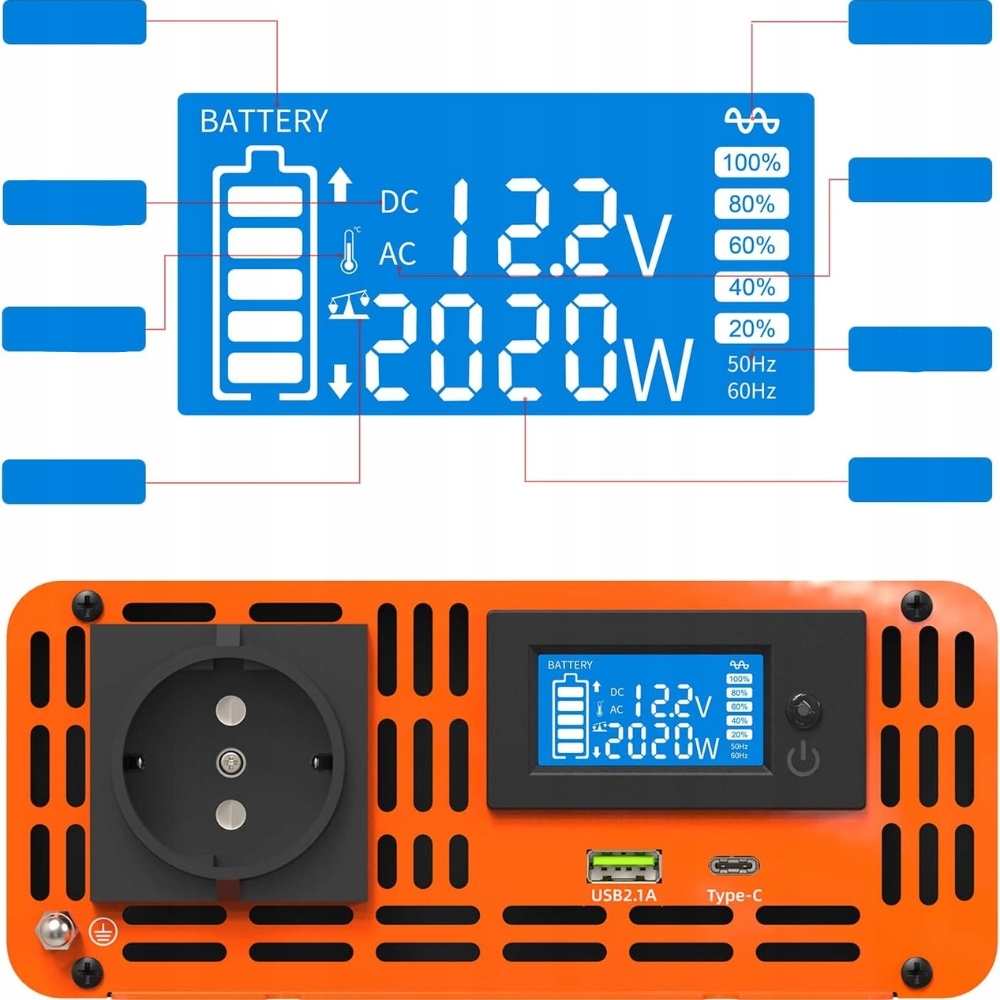 DATOUBOSS Przetwornica 12V 230V 2000W z Pilotem i Wyświetlaczem LCD Marka Inna