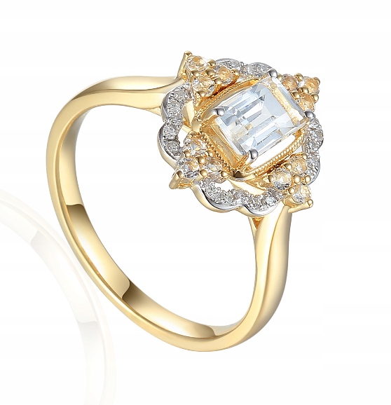 Złoty Damski 585 Pierścionek Biały Topaz Diamenty Piękny
