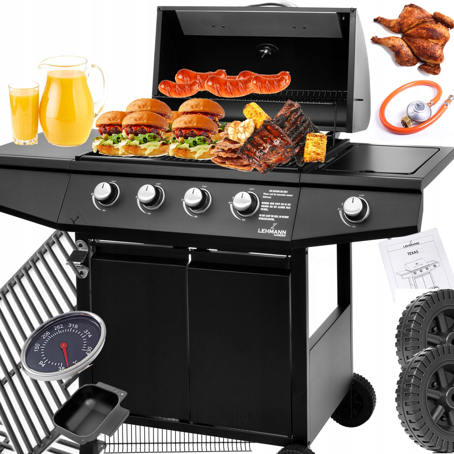 MOCNY GRILL GAZOWY STALOWY RUSZT ŻELIWNY 4+1 OHIO BLACK 9,3 kW +REDUKTOR
