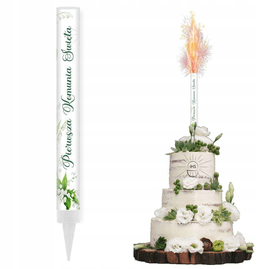 BIAŁA fontanna na tort raca Pierwsza Komunia Święta IHS konwalie 18 cm