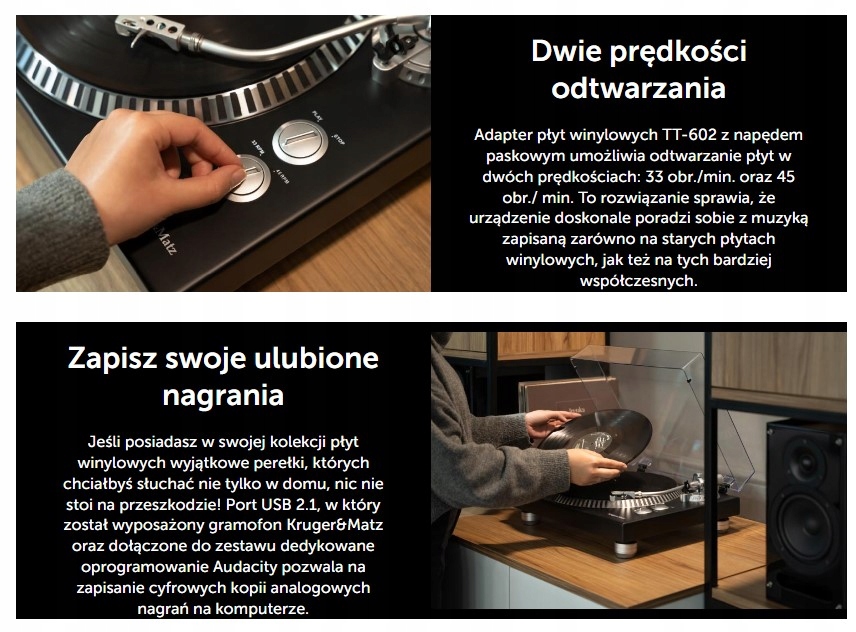 Gramofon Kruger&Matz model TT-602 Typ wkładki elektromagnetyczna (MM)