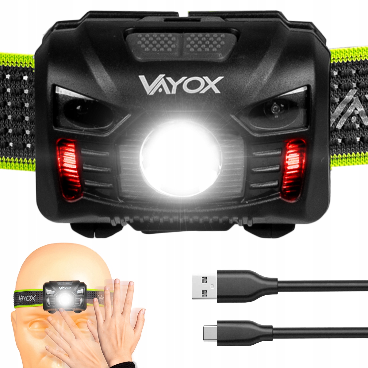 НАЛОБНЫЙ ФОНАРЬ СВЕТОДИОДНЫЙ МОЩНЫЙ ПЕРЕЗАРЯЖАЕМЫЙ ДАТЧИК ДВИЖЕНИЯ USB C VAYOX