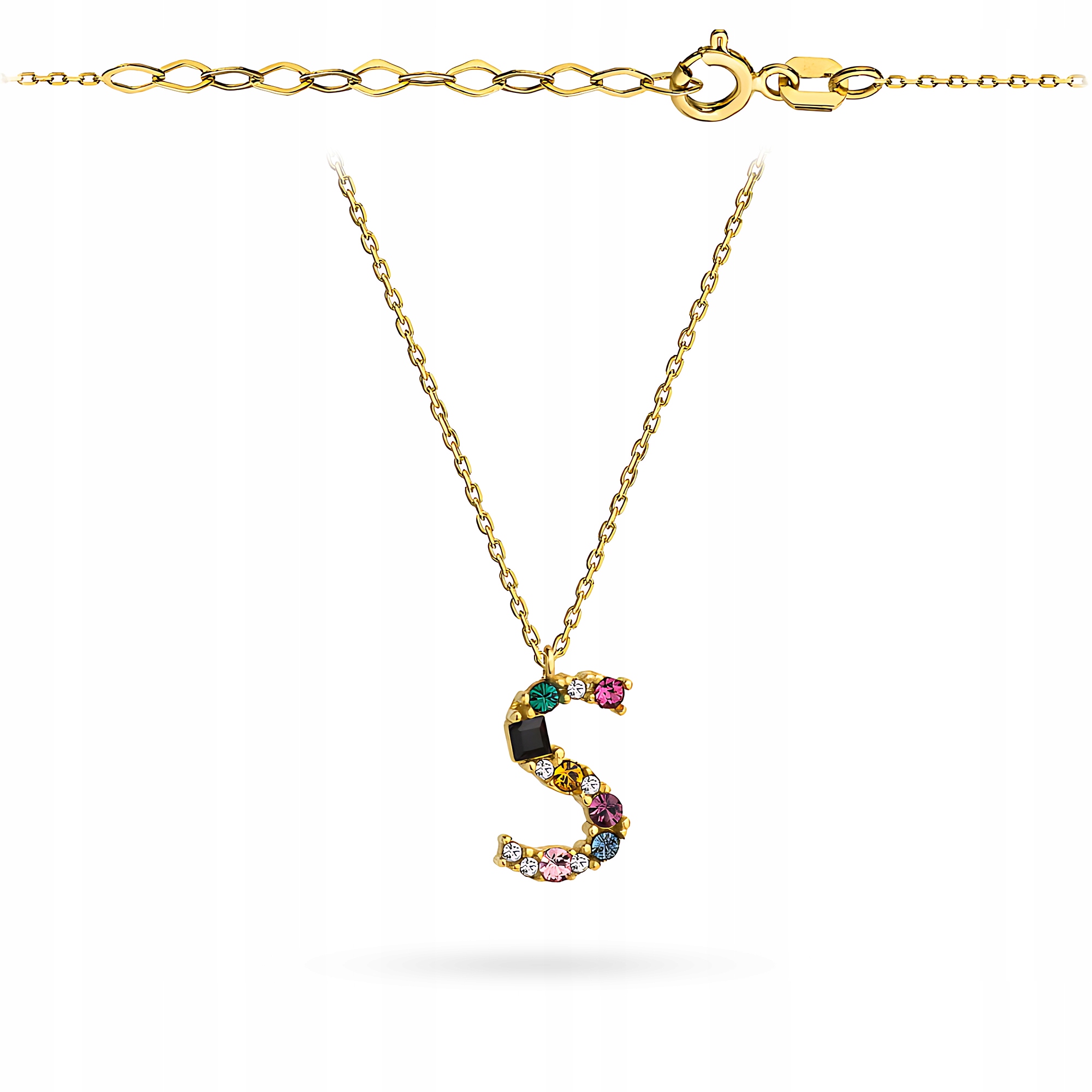Zlatý Náhrdelník Řetízek Dámský pr. 585 Písmeno S Barevné Zirkony 14k