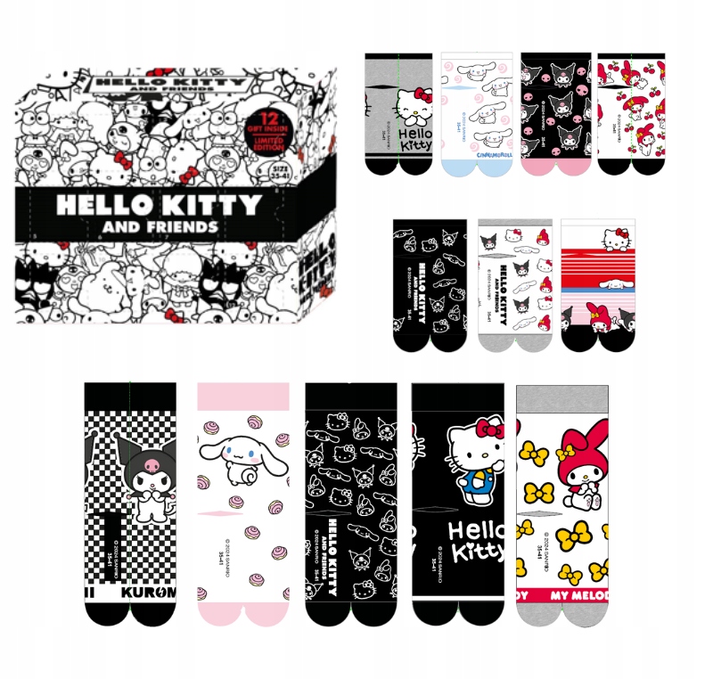 Cerda Hello Kitty & Friends Dárková sada 12 párů ponožek (velikost S 3-7,5)