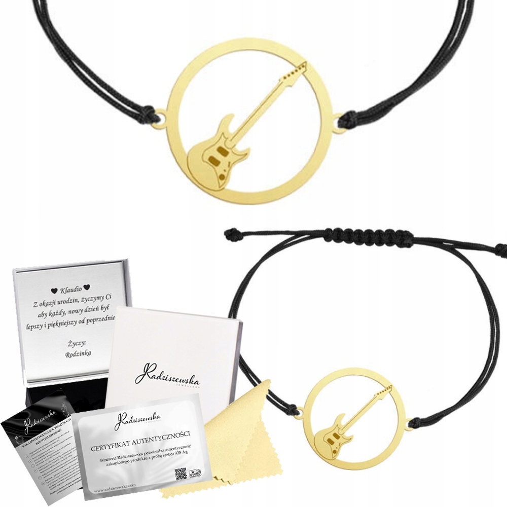 Zlatý náramek Elektrická kytara 925 Šňůra Dárek Hudba Gravírování