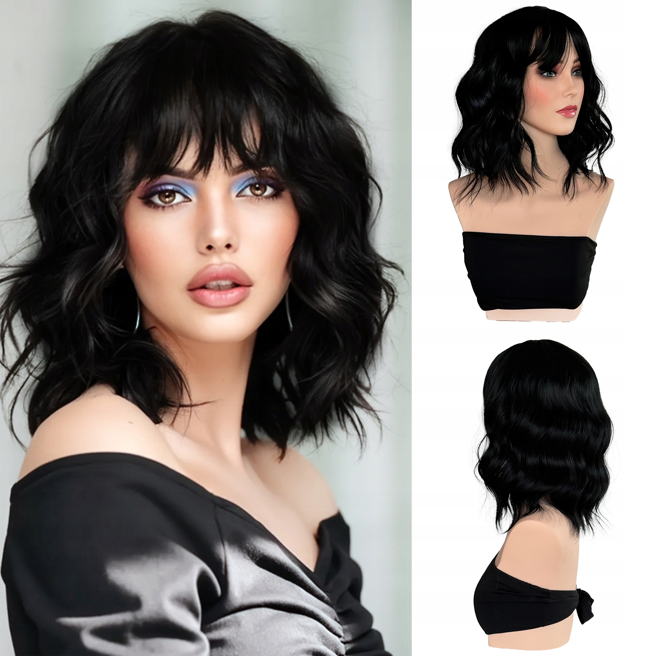 Paruka ze syntetických vlasů Černá kudrnatá s hřívou krátká 35 cm